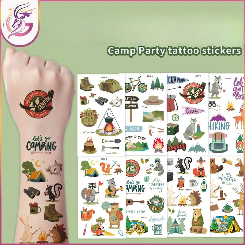 Kids Camping Party Tattoo Stickers 10Pcs Cartoon Camp Fire Tent Design Waterproof Sweat Proof Safe & Fun for Outdoor Activity