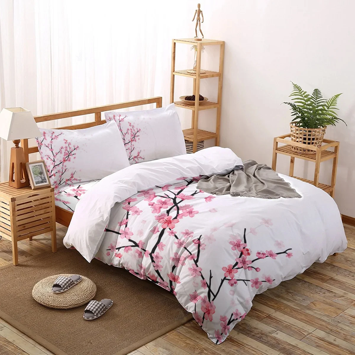

Pale Pink Duvet Cover Set, Sakura Branch with Cherry Flowers Tender Japanese Spring, Decorative 3 Piece Bedding Set , King Size