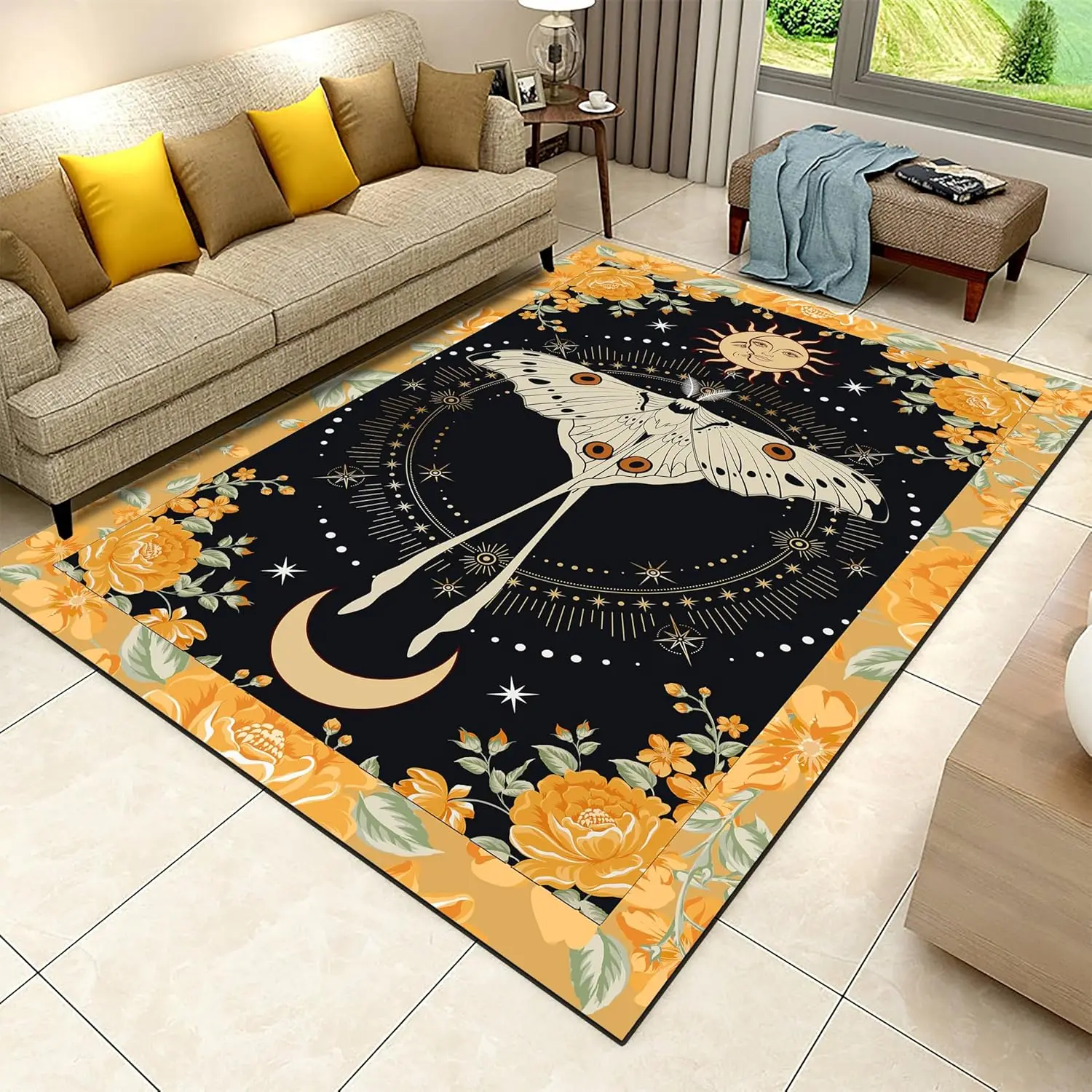 Boho Occult Crescent Bedroom Carpet,Modern Art Celestial Machine Washable Area Rugs,Soft Dirty Resistant Washable Mat for Living
