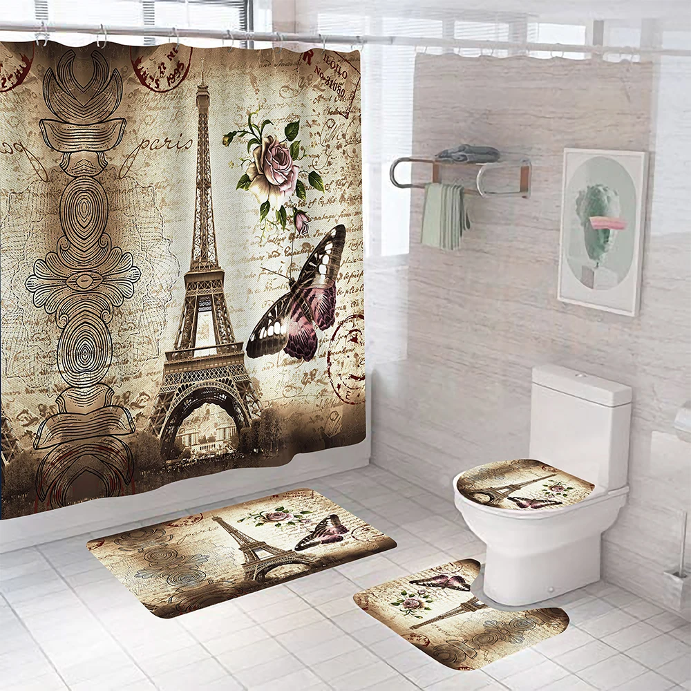 Paris Eiffel Tower Shower Curtain Set with Rugs Waterproof Curtain Bathing Screen Anti-slip Toilet Lid Cover Rugs Bathroom Decor