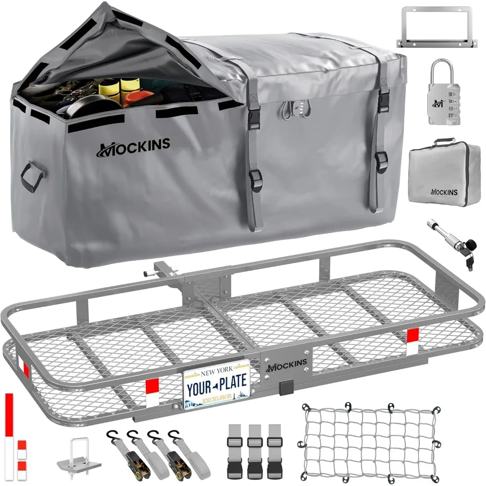 

60"x20"x6" heavy duty gray trailer hitch cargo carrier & 16 cuft waterproof cargo bag | weatherproof 500 lbs. capacity folding