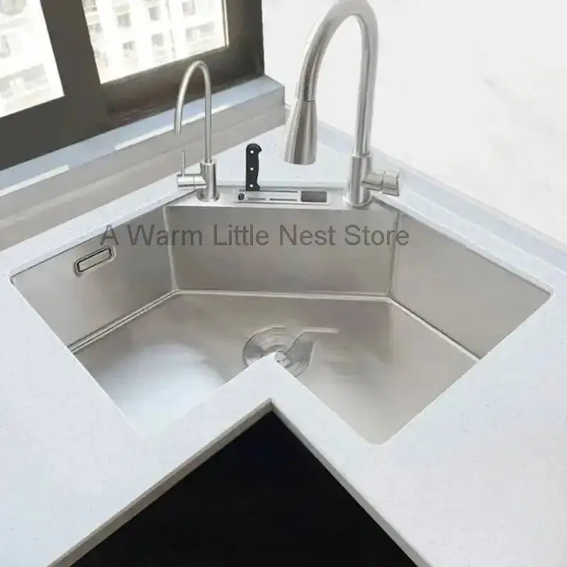L-shaped Stainless Steel Corner Kitchen Sinks Nordic Small Apartment Special Washing Sink Large Single Sink Kitchen Accessories