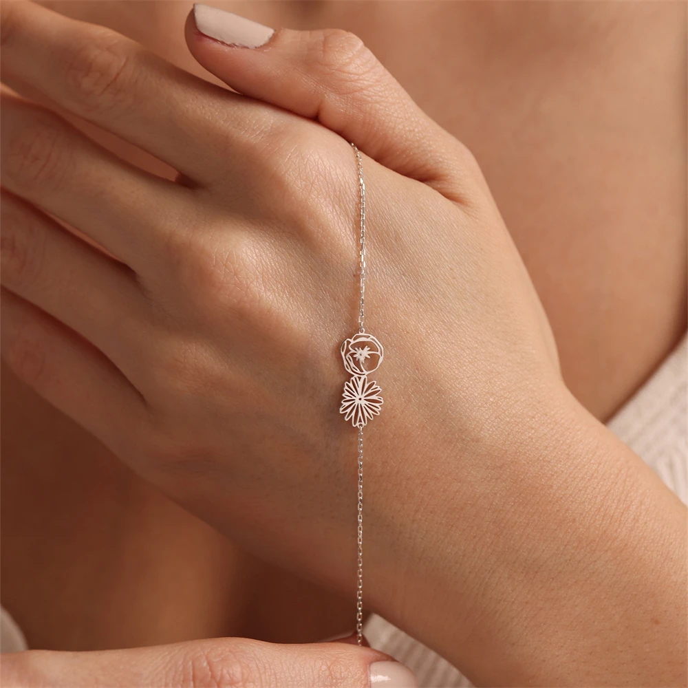 

DHQH Personalized Birth Flower Bracelet for Women Customized Family Birth Flower Bracelet Stainless Steel Jewelry Girl Birthday