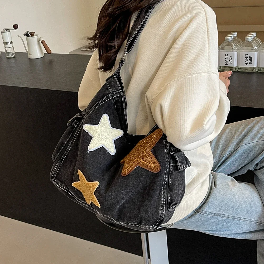 

Star Denim Shoulder Bag Large Capacity Casual Shoulder Purse with Zipper Adjustable Strap Messenger Bag Multi Pocket for Women