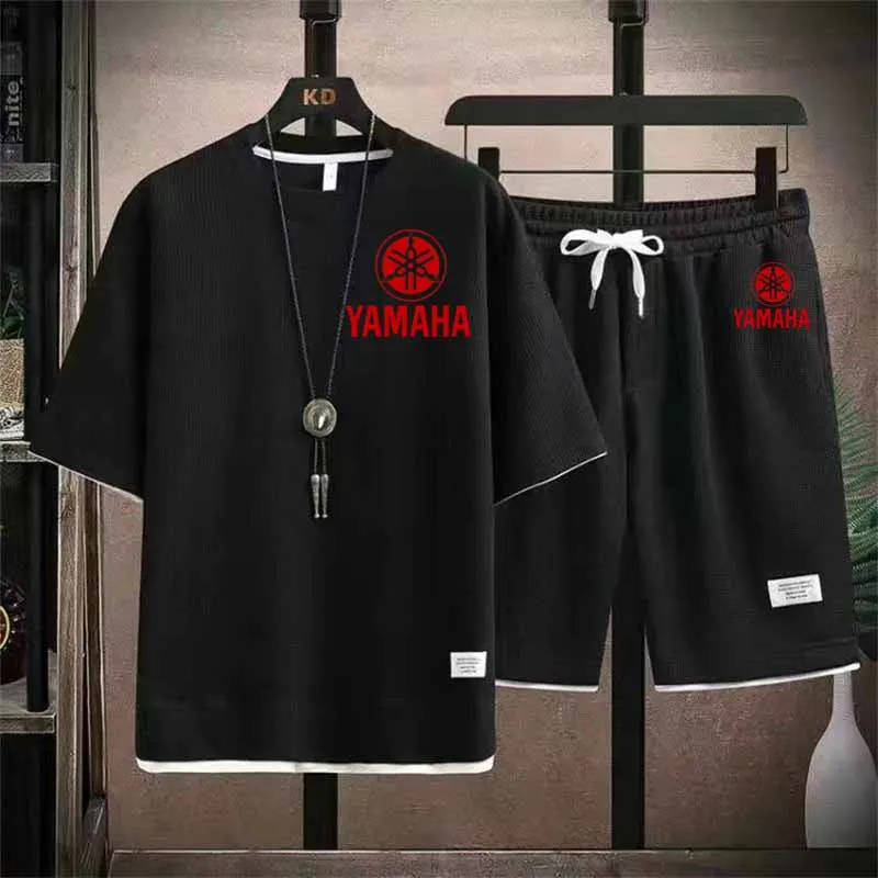 2026 YAMAHA Waffle Men's Summer Short Sleeve And Shorts Two Piece Sets Sports Casual Tracksuit Men Comfortable Cool Shorts Set