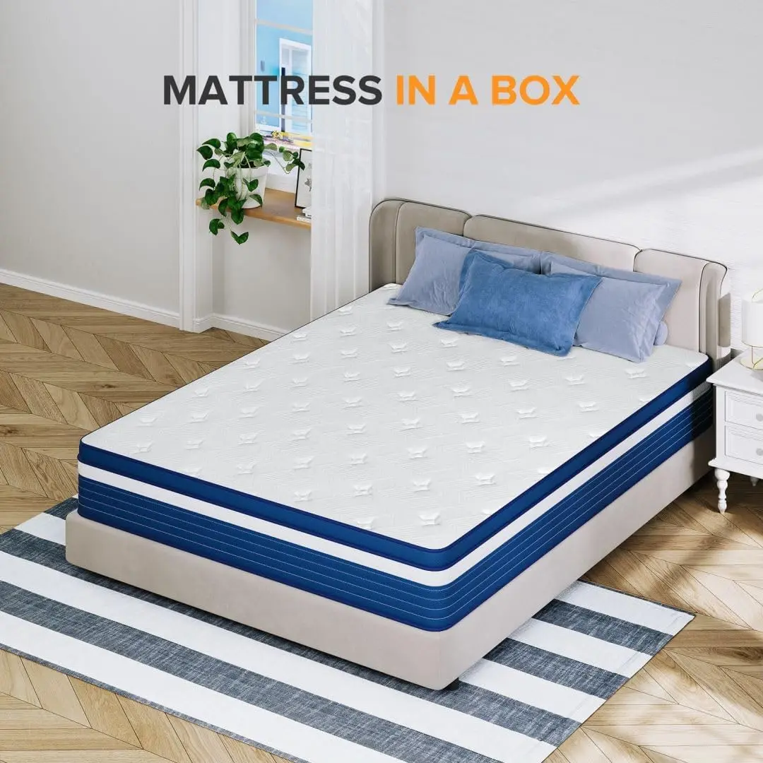 Full Size Mattress, 10 Inch Hybrid Mattress with Individual Pocketed Coil Springs and High Density Foam