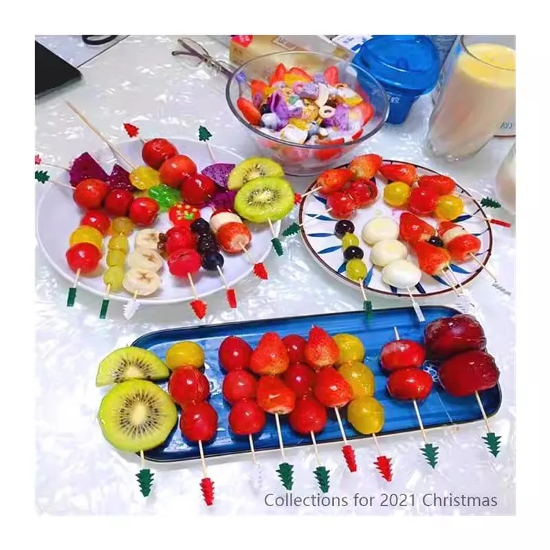 200/50PCS Disposable Christmas Skewer Buffet Fruit Food Bamboo Skewer Cocktail Picks Cupcake Topper Xmas Party Decor Supplies