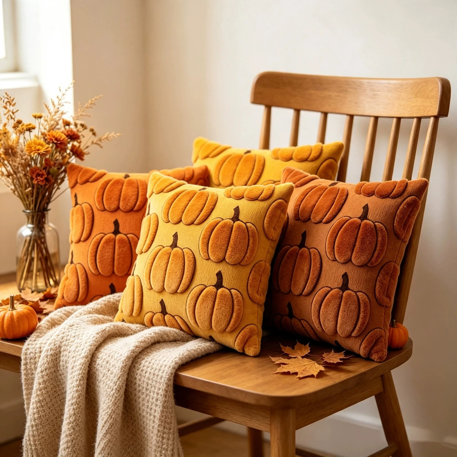 Halloween Throw Pillow Cover 18x18inches Pumpkin Ghost Plush Faux Fur Single-Sided Embroidery Hidden Zipper Square Cushion Cover
