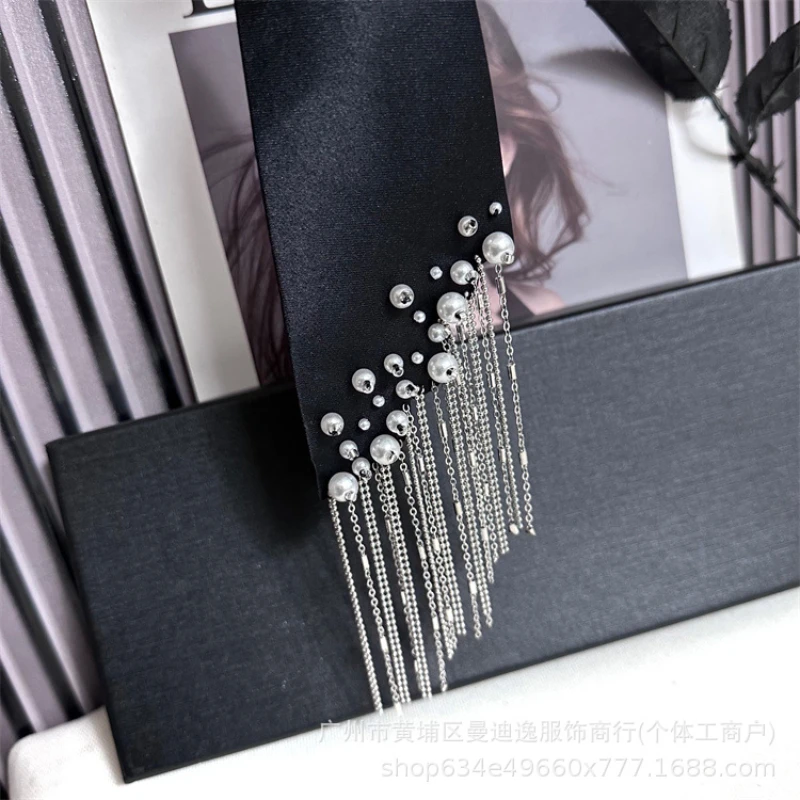 2025 New Heavy-Duty Tassel Tie for Women, Pearl Lazy Tie, No Need to Tie, Matching with Shirts, Black Tie, Trendy