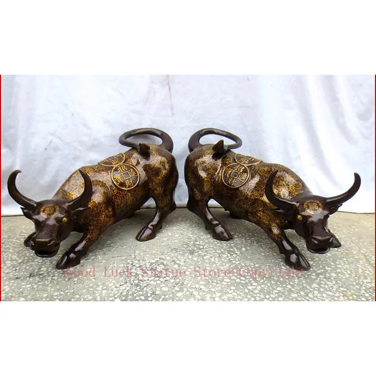 

A pair-TOP GOOD office SHOP company Money Drawing GOOD LUCK FU Mascot # Asia Equity Stock market cattle FENG SHUI Brass statue