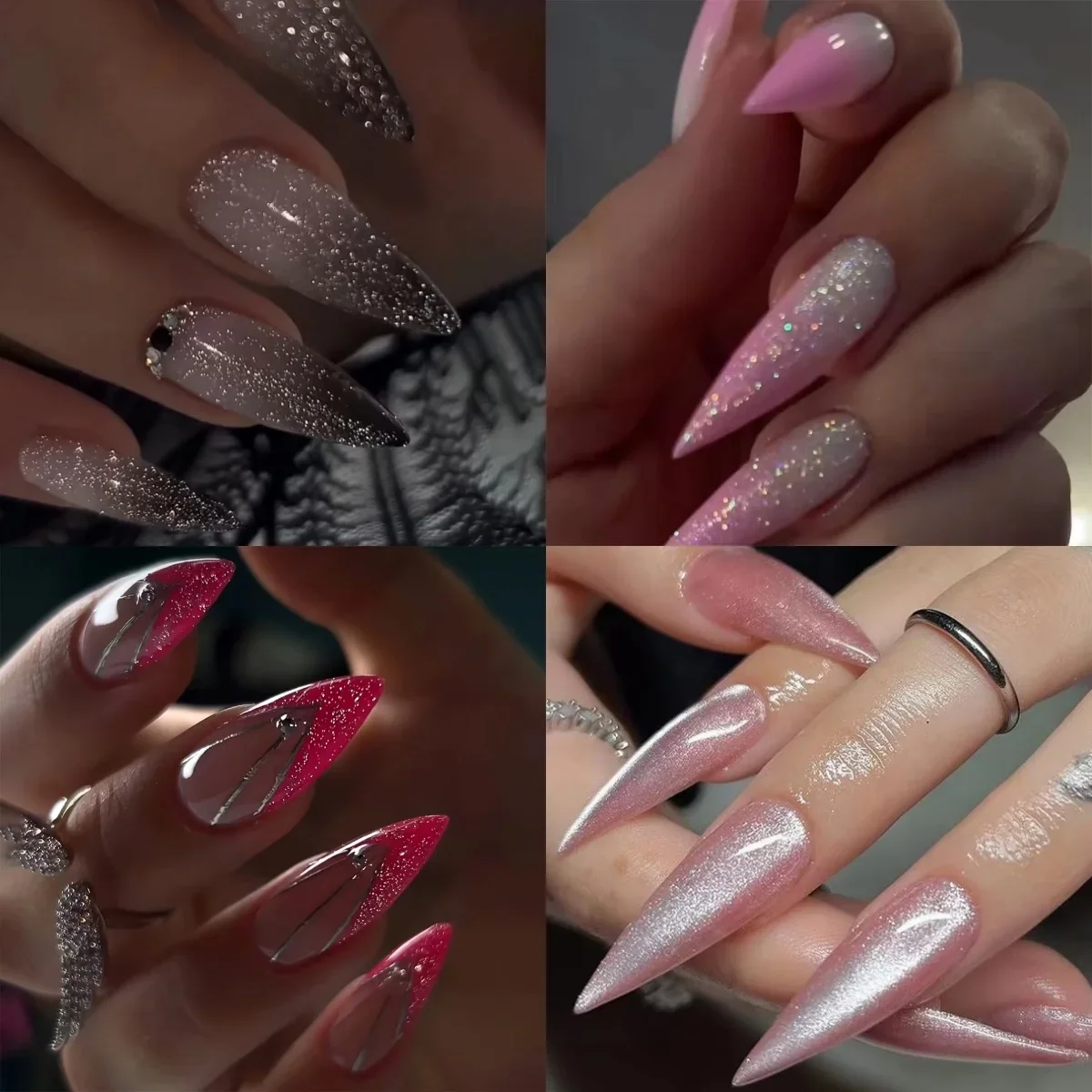 

Charm Pink Red Gradient Glitter Powder Spice Girl Cat Eye Extra Long Pointed Fake Nail Art Dreamy False Nail Sexy Press on Nails
