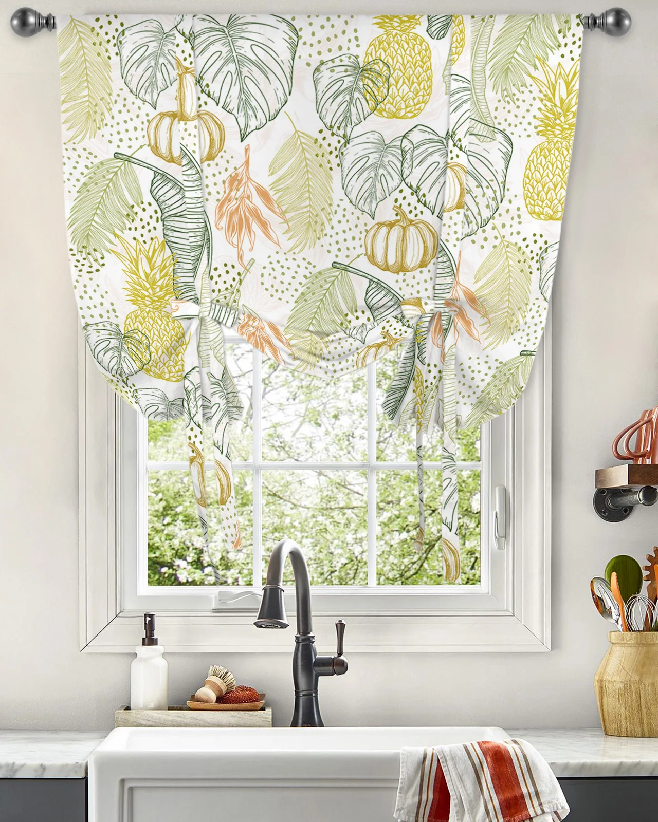 Оконная занавеска в горошек с ананасами и листьями тыквы для гостиной, домашний декор, занавеска для балкона, кафе, кухни, римские Короткие Занавески