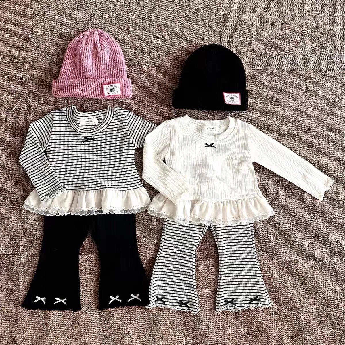 K2716-T2718 Korean Style Spring Autumn New Women's Kids Comfortable Cute Ruffle Splice Striped Solid Color Top And Flared Pants