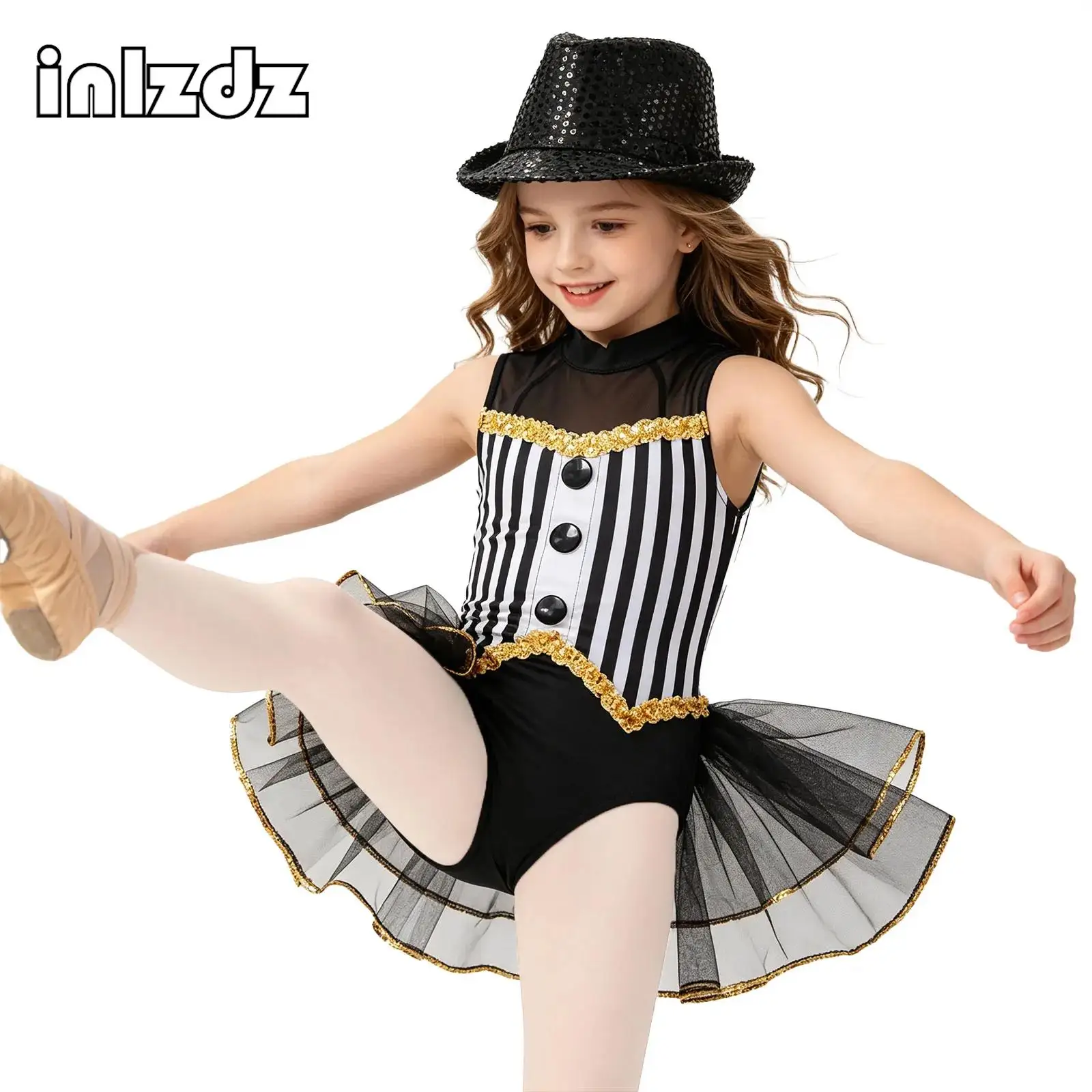 

Kids Girls Latin Jazz Dance Performance Outfits Circus Leotard Sequins Trim Striped Leotard Tulle Skirted Bodysuit+Hat Costume