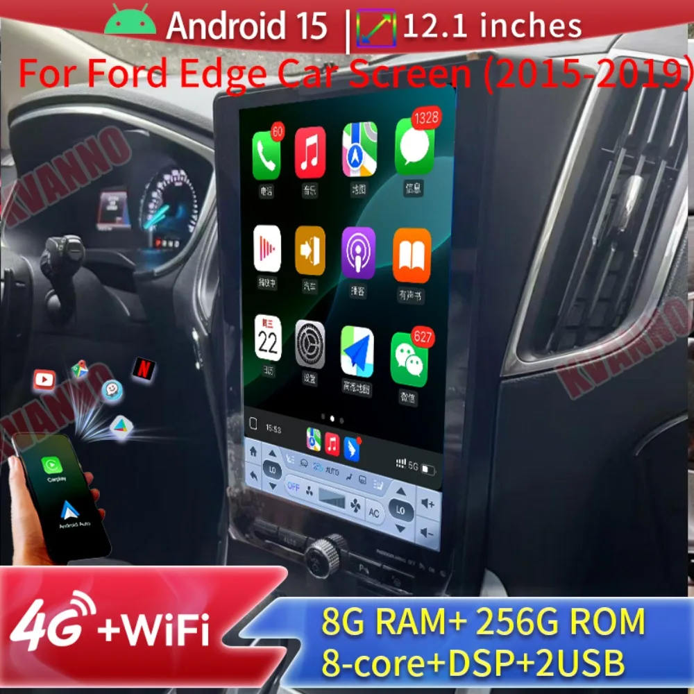 2Din Android15 Car Multimedia Player For Ford Edge 2015-2019 Physical Knob+Button Adjustment Car Radio DSP AM Fm RDS WIFI 4G BT