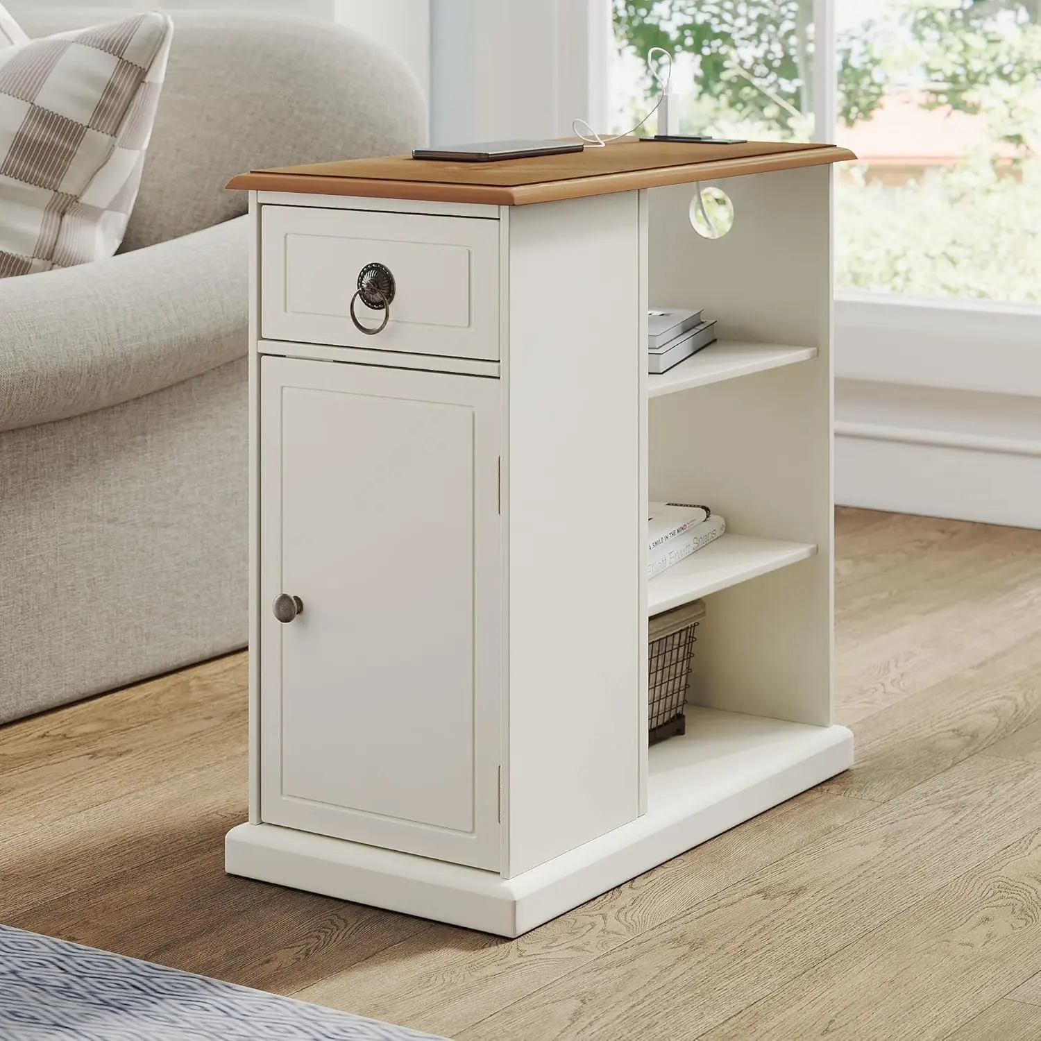 

Farmhouse XXL End Table with Charging Station，Narrow Sofa Side Table with Adjustale Shelf,