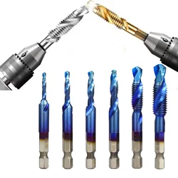 6/1Pcs Tap Drill Bits Hex Shank Machine Hand Taps Titanium Coated HSS Drilling Tap Bits Thread Screw Metal Woodworking Tools