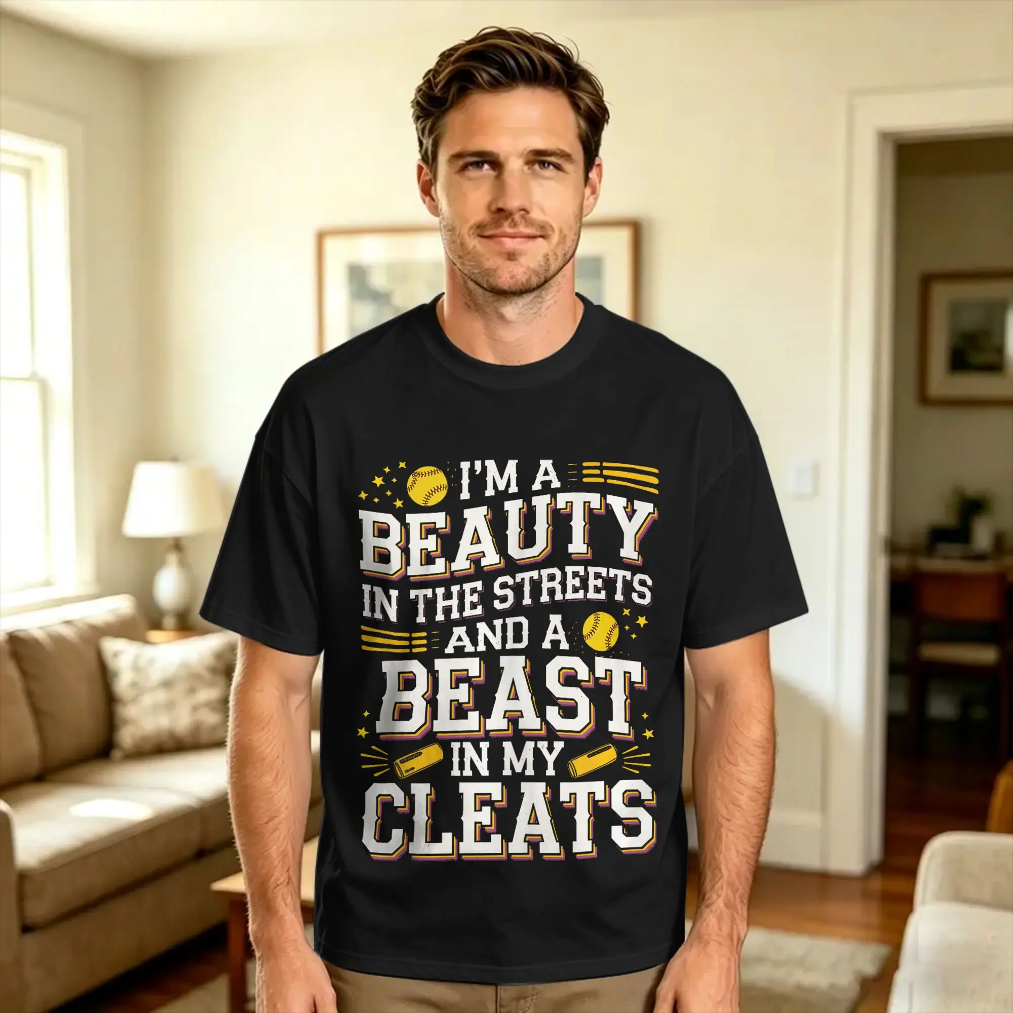 Men Beauty Beast in My Cleats for Softball Player T Shirts  100% Cotton Tees Summer Vintage Short Sleeve T-Shirt Crew Neck