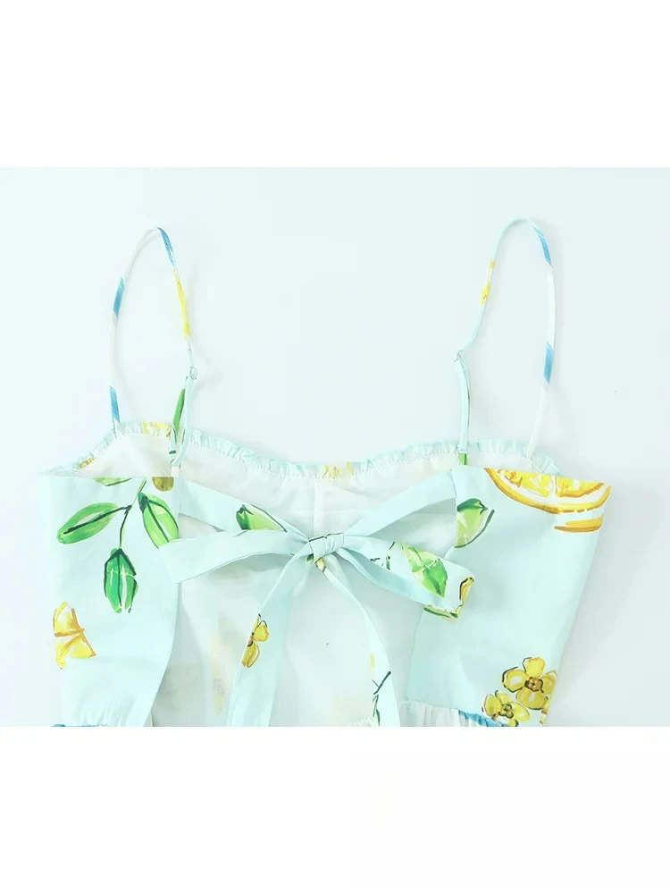 KONDALA Abito lungo da donna vintage chic con stampa di limone Abito lungo con fiocco con lacci senza schienale Moda 2025 Abito da vacanza primavera estate
