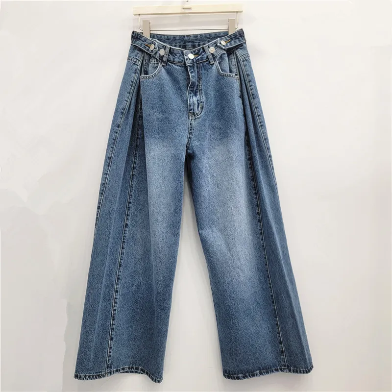 

SuperAen модные винтажные синие плиссированные широкие джинсы в корейском стиле для женщин, зима 2026, новые синие свободные драпированные брюки с высокой талией