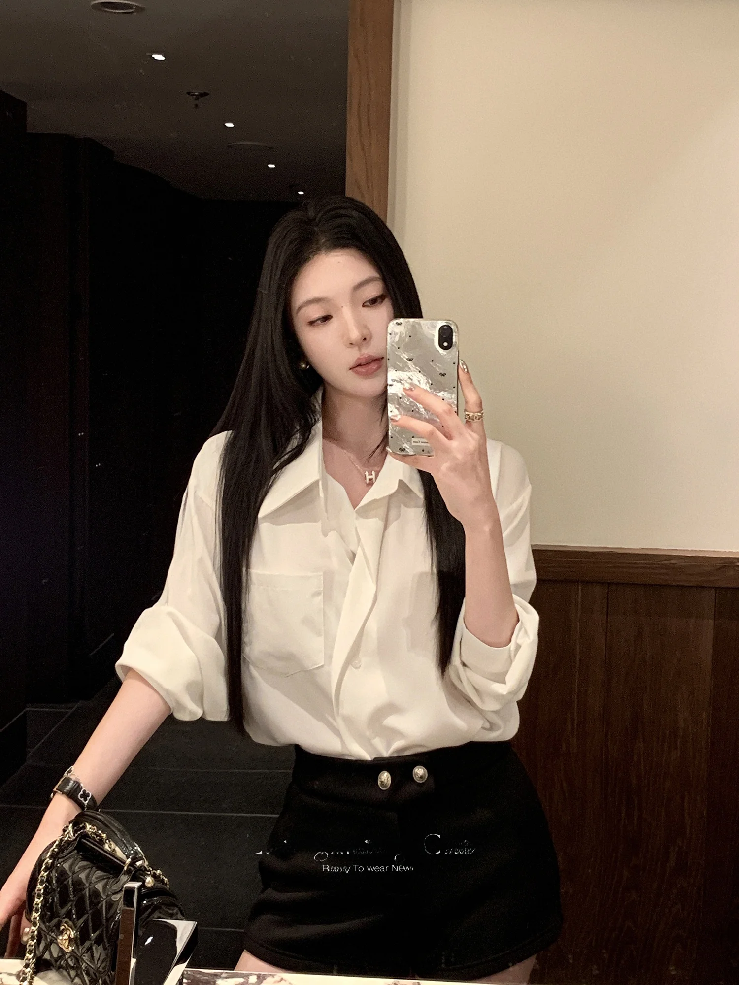 

Ele White Casual Long Sve irt для женщин, весна-осень, элитный винтажный стиль, дышащий уход за кожей из полиэфирного волокна