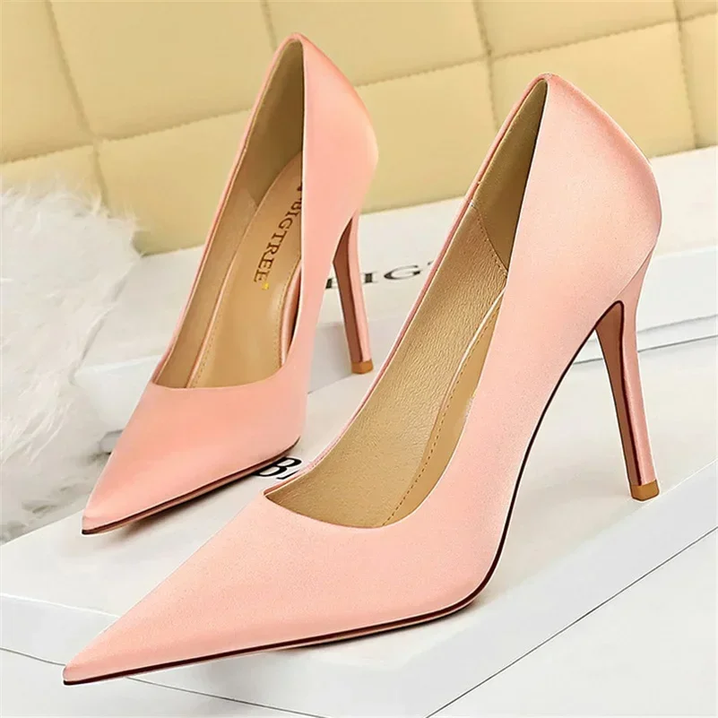 New Women Fetish 10cm High Heels Office Career Satin Pumps Lady Holiday Party Scarpins Stiletto Green Pink Shoes Plus Size 34-43