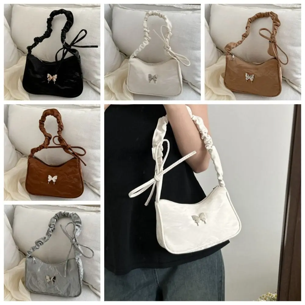 

Ruffle Handle Bowknot Butterfly Shoulder Bag Korean Style Large Capacity Half-moon Underarm Bag Y2k Style Phone Bag Bow Handbag