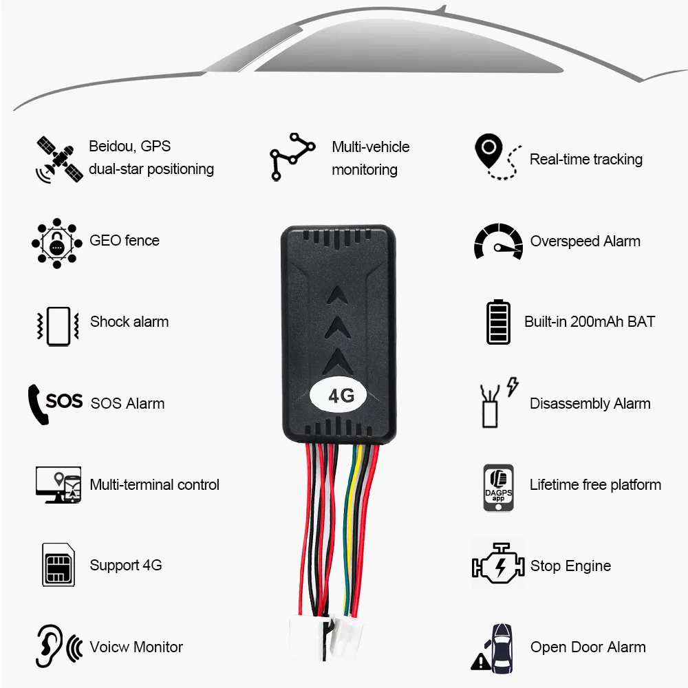 자동차 차량용 오토바이 추적 장치 로케이터, 평생 무료 앱, DAGPS 4g GPS 추적기 GT06 모니터, 사운드 스톱 엔진 SOS