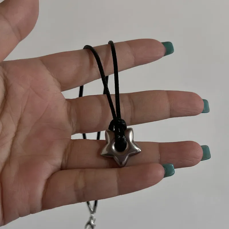 Hollow Titanium Steel Chunky Star Pentagram Flower Pendant Necklace For Women Men Black Rope Chain Choker Y2k Punk Edgy Jewelry