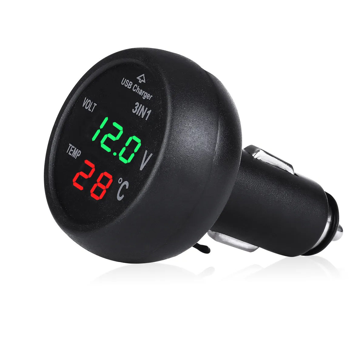Car Charger 12-24V Usb Charging Port Voltmeter Thermometer Lcd Display Red Green 8*4.3Cm For Vehicle Truck Bus Smartphones Gps