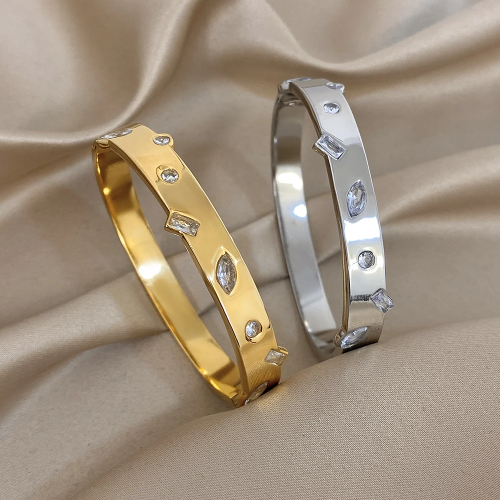 شخصية غير النظامية الفولاذ المقاوم للصدأ الإسورة سوار المرأة موضة هندسية الزركون سوار واسع مقاوم للماء مجوهرات هدية