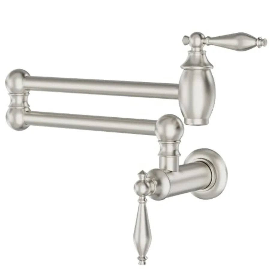 

Настенный кухонный смеситель для заполнения кастрюль из матового никеля, устанавливаемый над плитой, со складной конструкцией и двойными поворотными изливами для эффективного использования