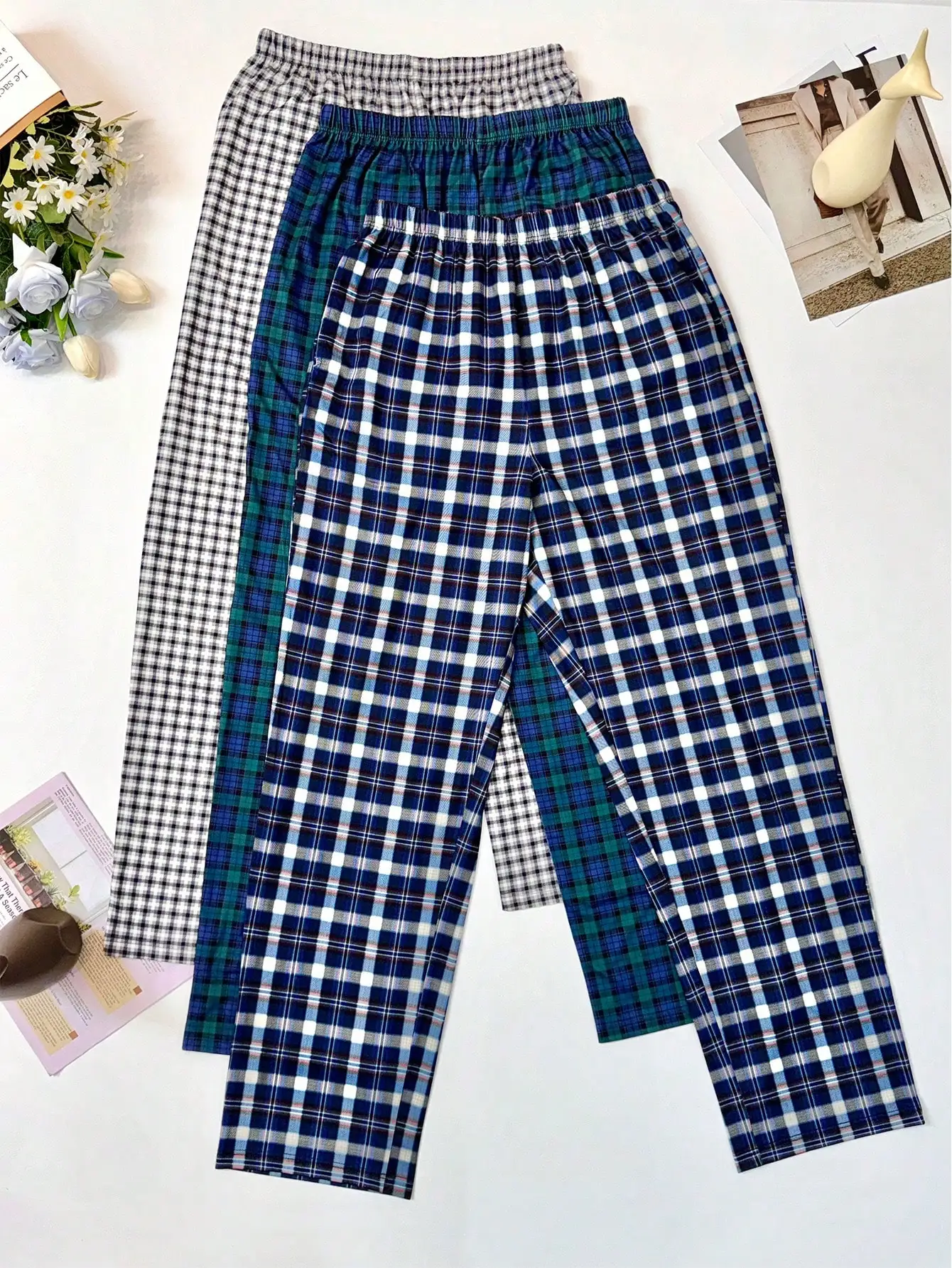 3 Packs Men's Plaid Printed Straight Leg Pajama Pants, Breathable Loose Elastic Waist Sports Pants With Pockets, Multi-Color Fall Winter Casual Set