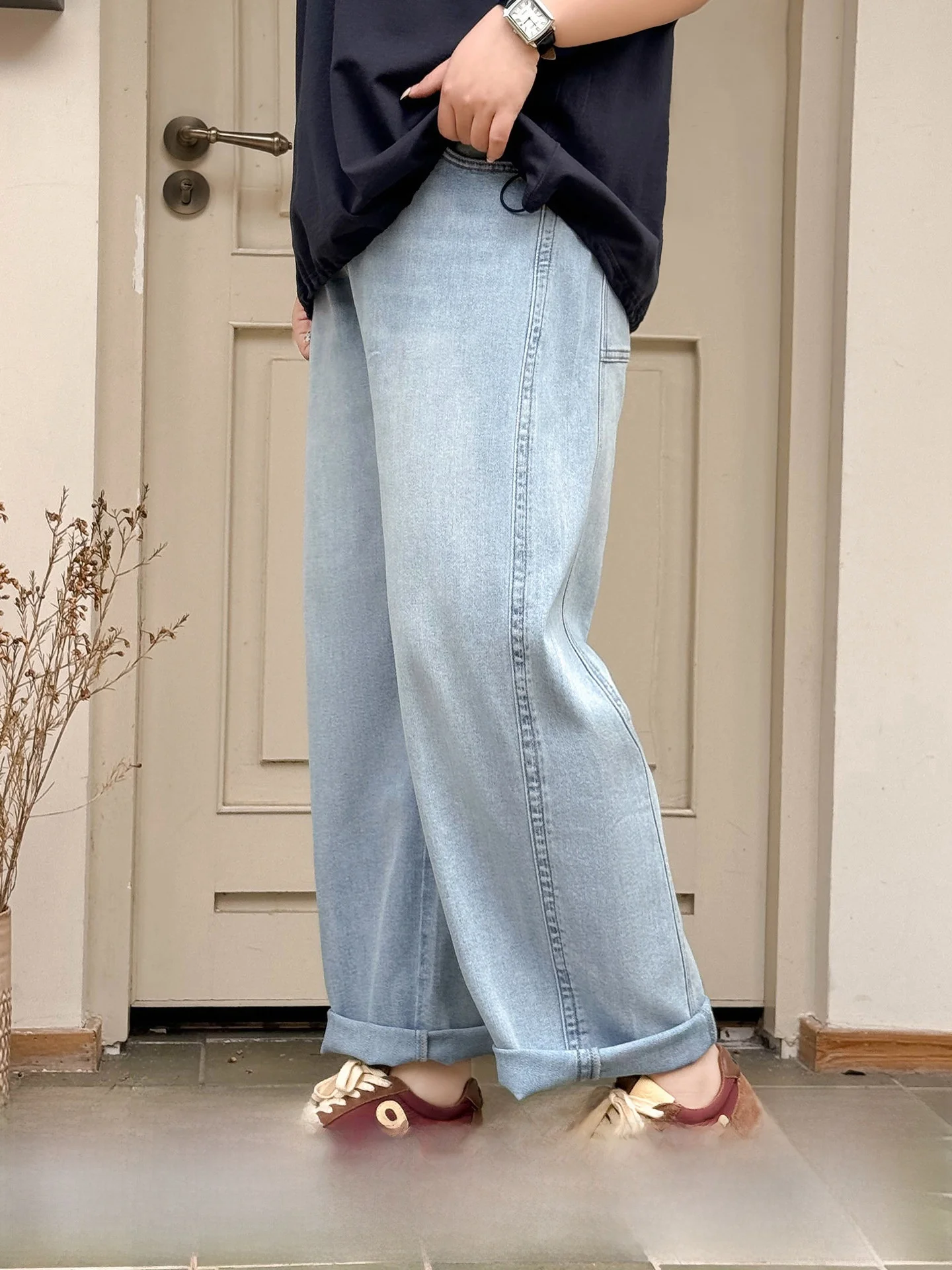 

High Waist Wide Leg Jeans plus Size Women's Summer Slimming Pants Retro Style Loose Fit Leg Shaping Hip Concealing Denim