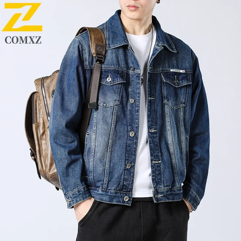 

COMXZ 2025 New Original Premium Denim Jacket Men Spring Autumn Loose Casual Turn Down Collar Long Sleeve Coat