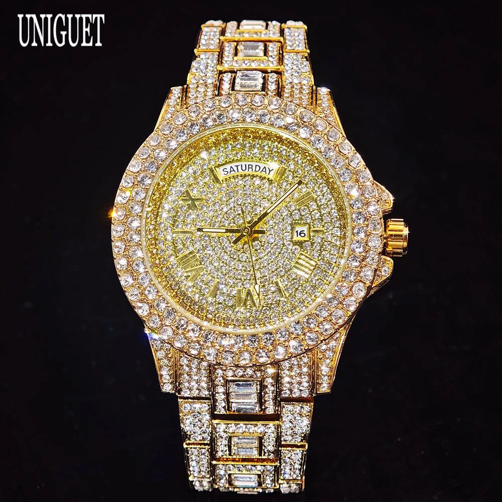 UNIGUET Men's Hip Hop Gold Watch Full Diamond Iced Out Wristwatch with Day Date Roman Numeral Dial Bling Quartz Watch for Man