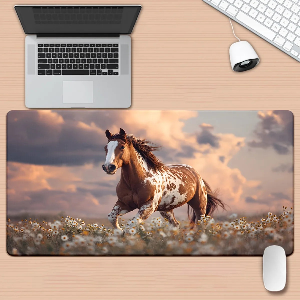 

XXL game office mouse pad, sunset field running horse and white Daisy design, anti-slip rubber base, durable surface thickened
