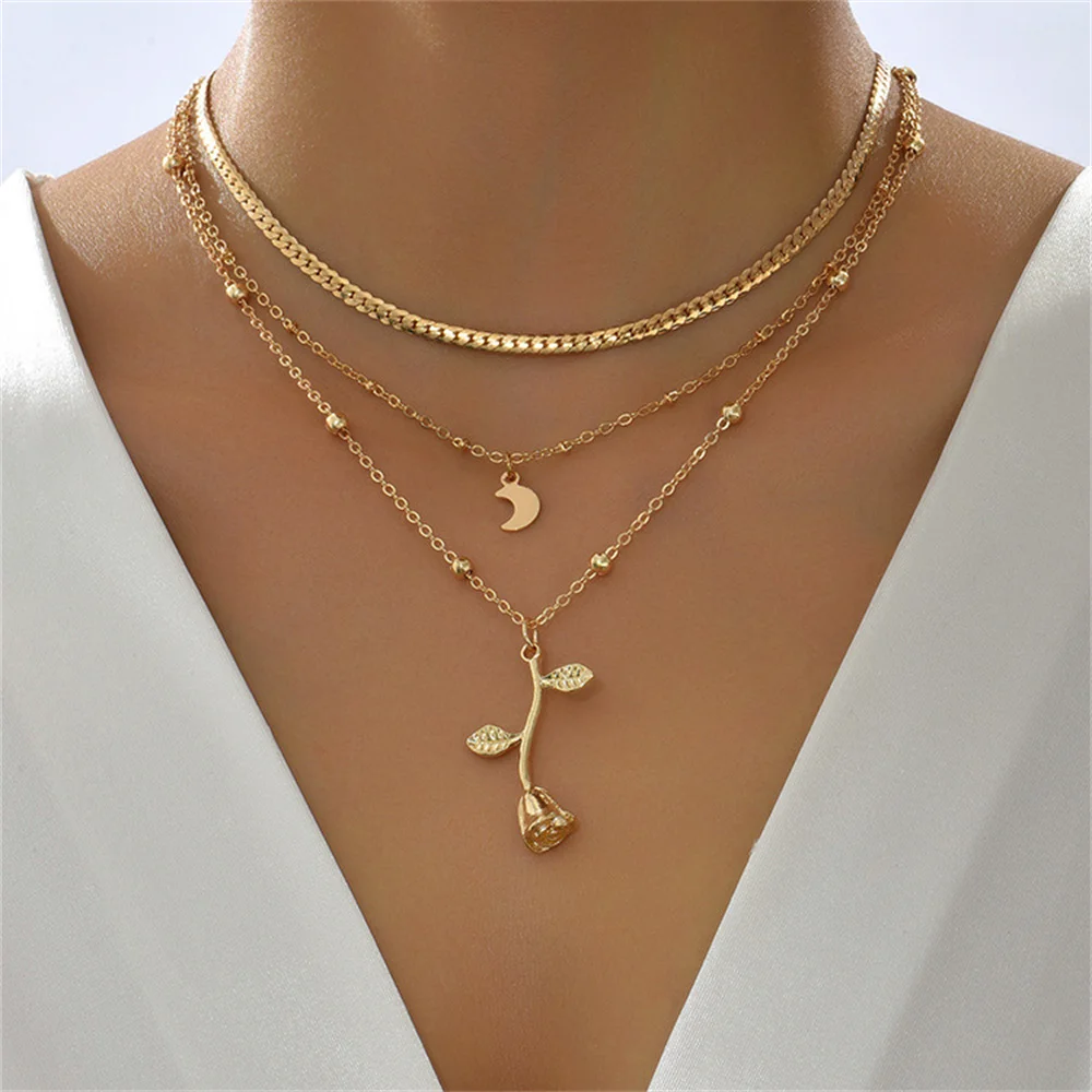 Vintage Fashion Gold Plated Metal Bead Chain Moon Rose Pendant Necklace For Women Multilevel Snake Chain Collar Jewelry Gift