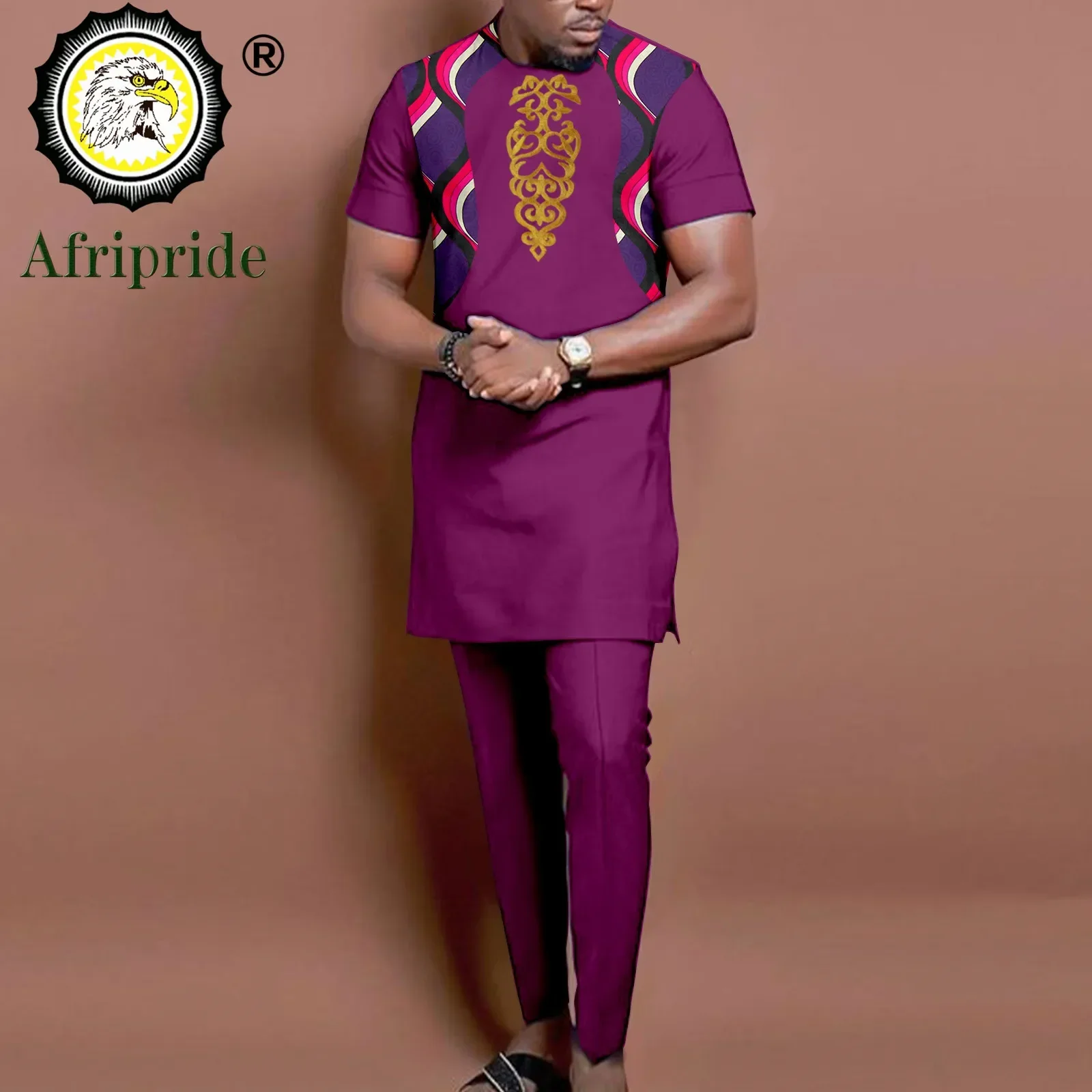 African Clothes for Men Short Sleeve Embroidery Printed Shirts and Pants 2 Piece Set Kaftan Outfits Bazin Riche Suit A2216011