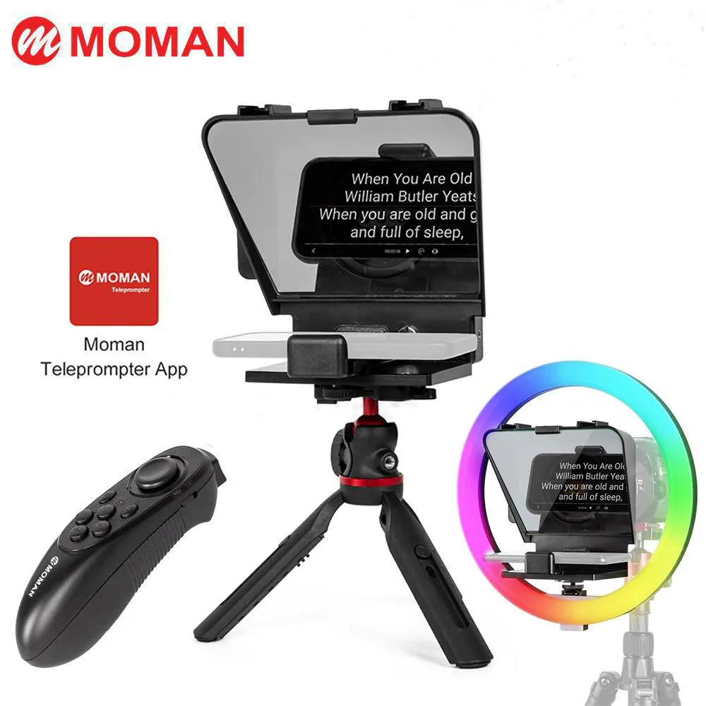 MOMAN MT2  Portable Teleprompters with Remote Control Tripod 12 inch Ring RGB Light Bluetooth For Smartphone Camera