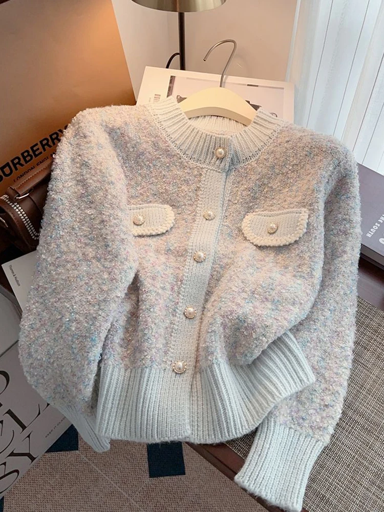 Zoki Chic Pearl Buttons Sweet Cardigan Sweaters Women Elegant Cute Long Sleeve Knitted Jackets Fall Korean Casual Fashion Tops