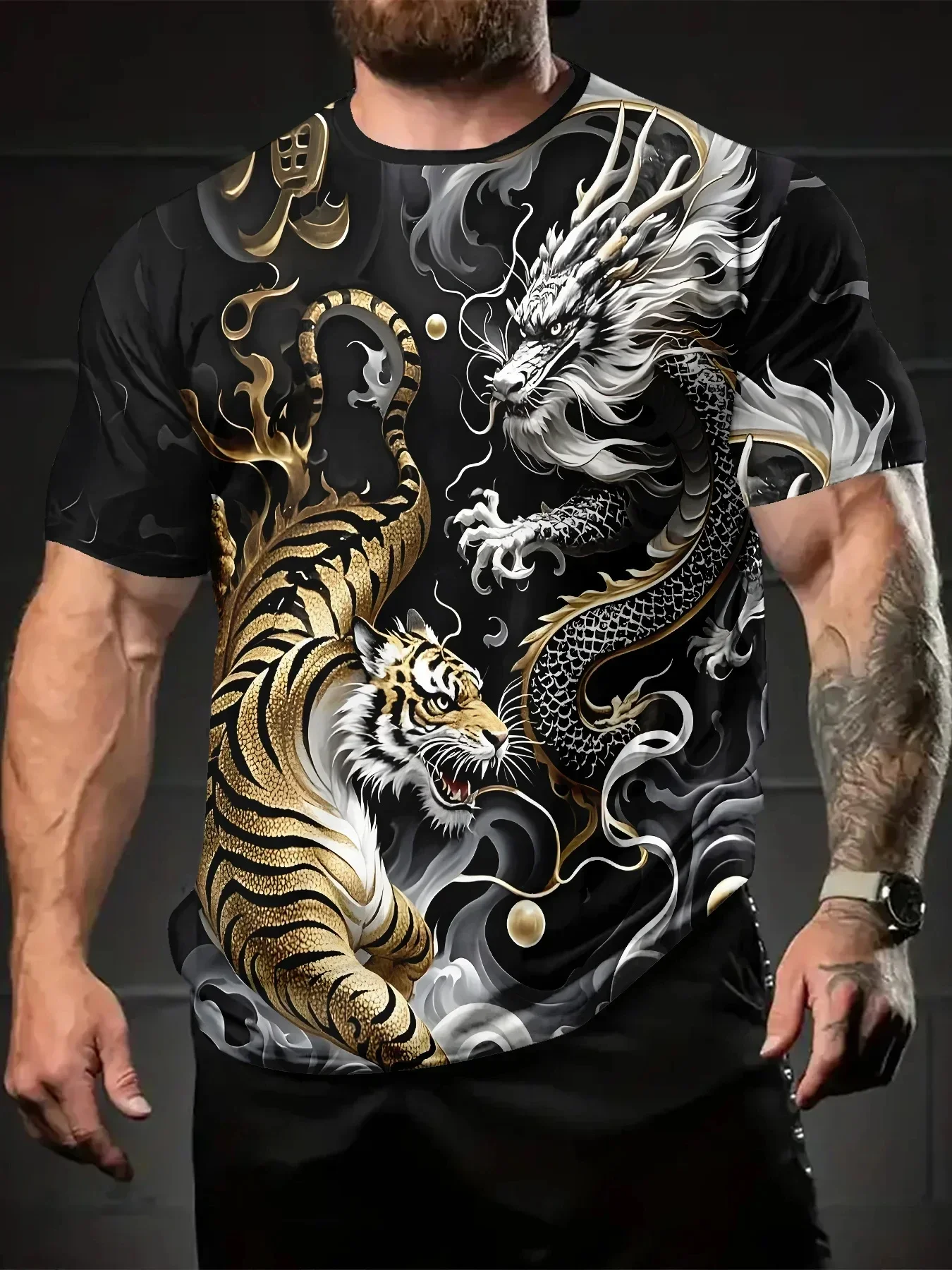 Retro Chinese Dragon Pattern T Shirt For Men Cool Dragon 3D Printed Tees Summer Casual O-Neck Tops Loose Short Sleeve T-Shirts
