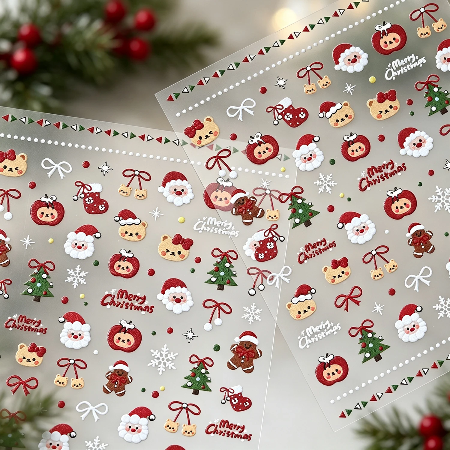 1PC 5D Xmas Nail Art Stickers Merry Christmas Bow Sock Apple Nail Sliders For Winter Holiday & Christmas DIY Nail Manicure Decor