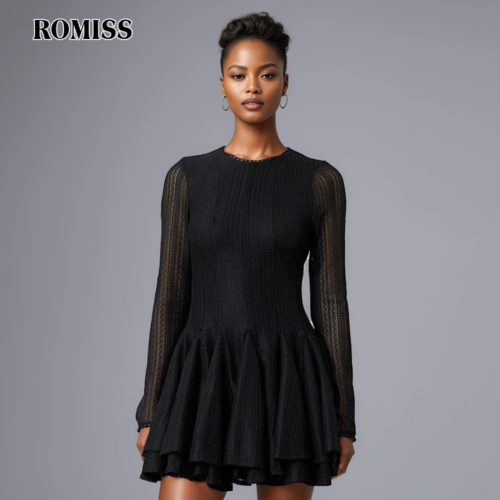 

ROMISS Solid Hollow Out Slimming Dresses for Women O Neck Long Sleeve High Waist Temperament Dress Female Fashion