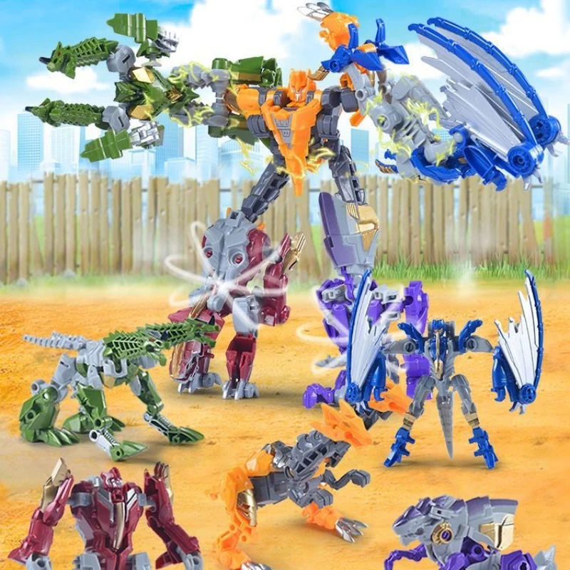 7 ''/18cm Dinosaur Combination Transformation 5 in 1 Mini Action Figure Toys Plastic Model Collection Toy Best Gift for Boys
