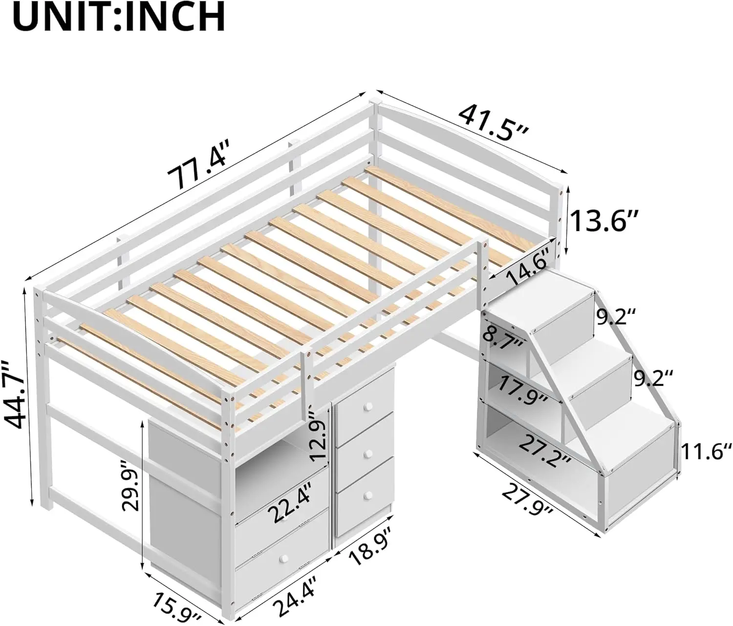 Low Loft Bed With Pullable Storage Staircase And 2 Cabinet, Wooden Stairway Loft Bed With Drawers And Shelves, Twin Size Bed