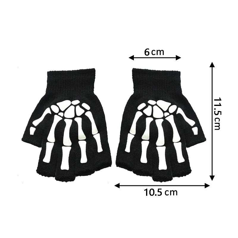 Adult Kids Halloween Skeleton Skull Half Finger Luminous Gloves Winter Skull Fingerless Mitten for Event Party Festive Cycling