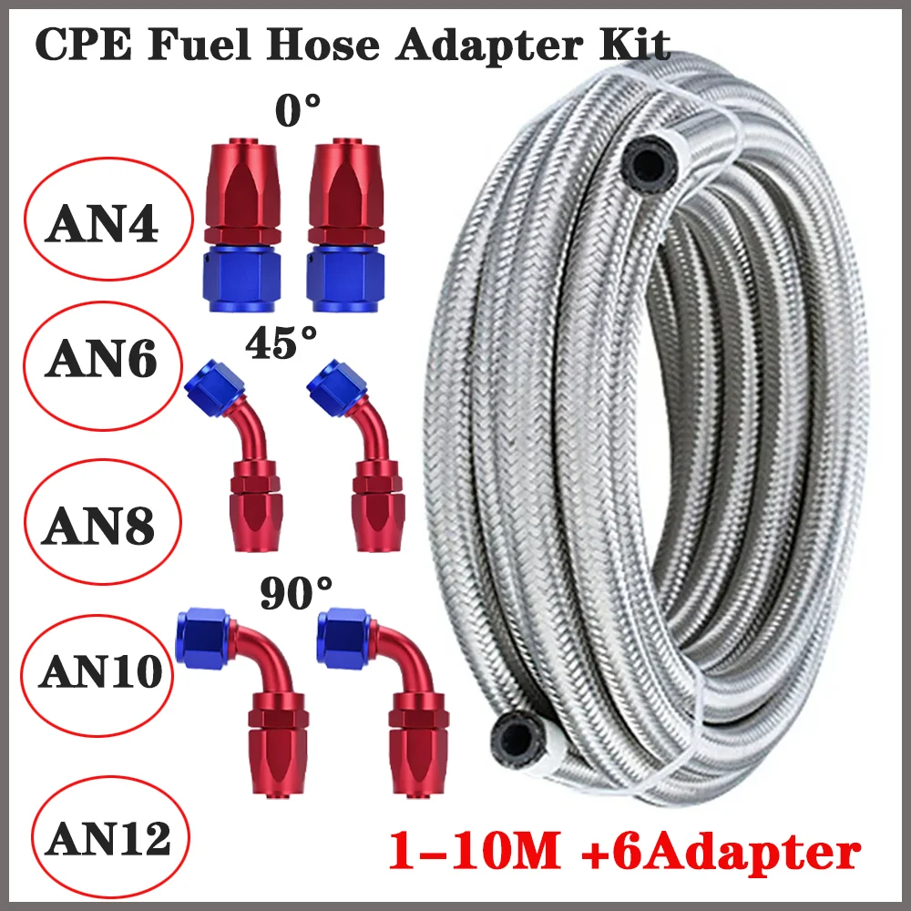 AN4 AN6 AN8 AN10 AN12 1-10M Fuel Hose  Oil Line Pipe Tube Stainless Steel Braided CPE Rubber + 0 45 90 Degree Swivel Hose End ﻿