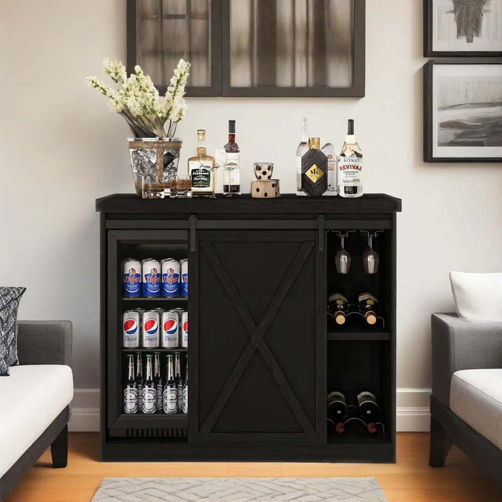 

Coffee Bar Cabinet with Fridge Space, Farmhouse Wine Cabinet with Rack, Power Outlet for Kitchen Dining Room Living Room, Black