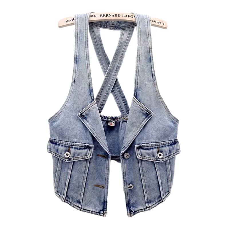 Spring Summer Thin Sling Denim Vest Women Slim Short Student Cowboy Waistcoat Vintage Blue Sleeveless Jeans Jacket Coat Female